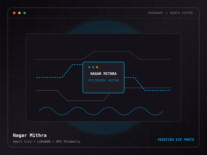 Bench-tested hardware preview and circuit schematics for Nagar Mithra LoRaWAN Node: Civic infrastructure monitoring network with sub-gigahertz LoRa telemetry.